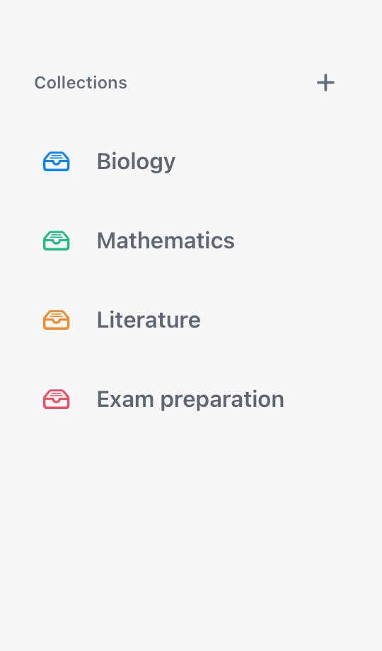 Native Notemai Collections sidebar with Biology, Mathematics, Literature, and Exam preparation