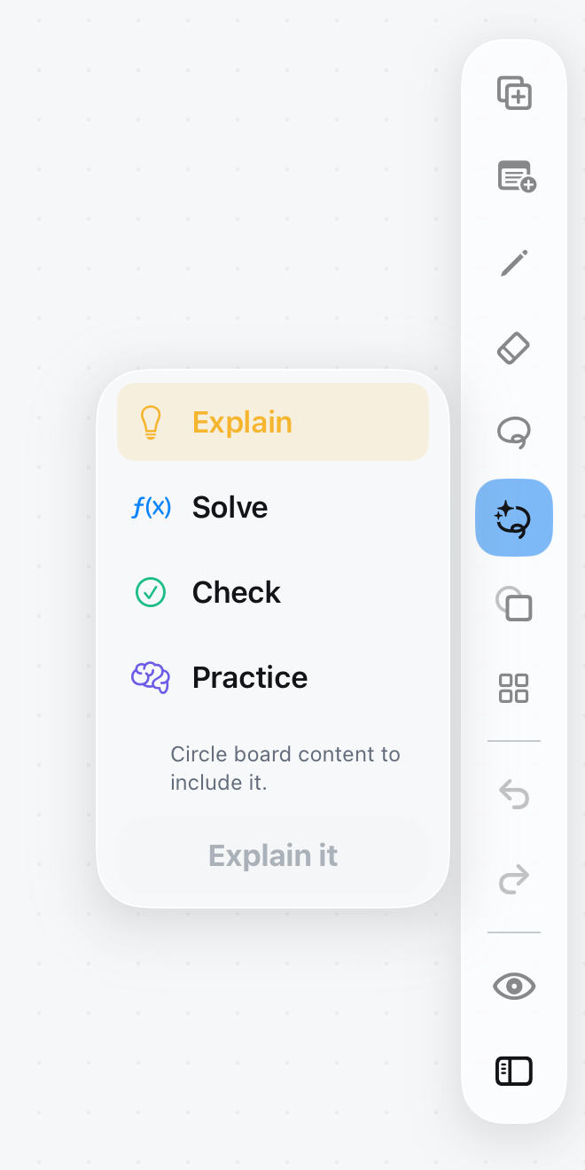Original Notemai floating toolbar beside its native Explain, Solve, Check, and Practice menu