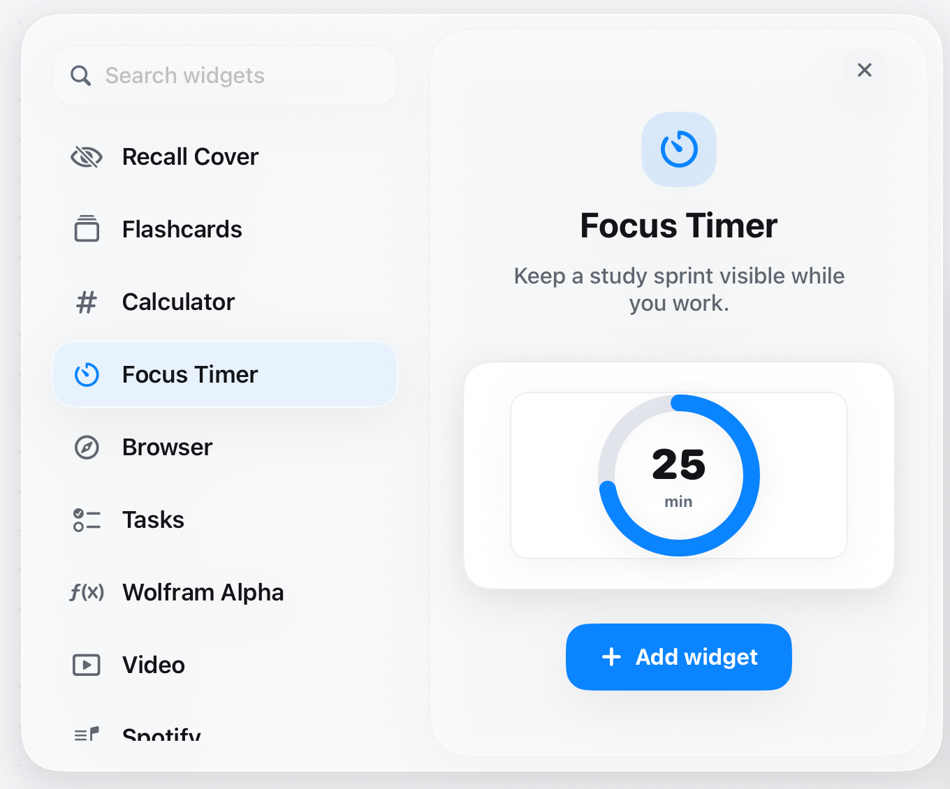 Original Notemai widget menu with the widget list and Focus Timer preview